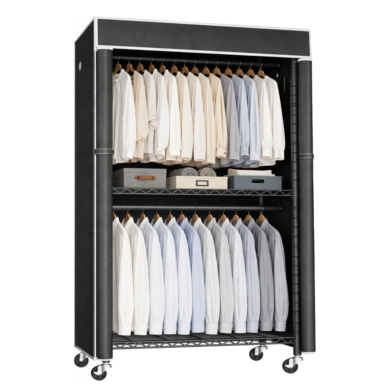 Freestanding Iron Garment Rack with Fabric Dust Cover, Single Hanging Rod, Vertical Frame, Storage Shelf, Side Hooks & Rolling Wheel Mobility, Slim Space-Saving Metal Wardrobe Organizer for Bedroom
