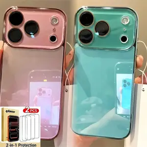 Luxury Tempered Glass Camera Protection phone case For iPhone 17 16 15 14 13 12 Pro Max Plating Shockproof Bumper Hard Back Cover Protective ProtectorIncludes Tempered Glass Screen Protector