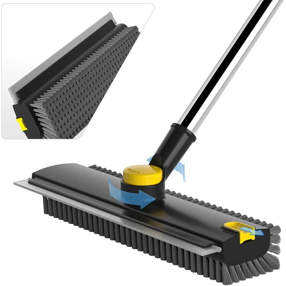 3-in-1 Floor Scrub Brush with Squeegee & Grout Cleaner - Heavy Duty Cleaning Supply, Home Cleaning Tool with 47" Extended Stainless Steel Handle for Tile, Deck