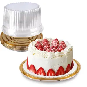10 Inch Plastic Cake Carriers Gold Cake Containers with Lid and White Cake Boards, Clear Cupcake Holder for 1-2 Layer Cheesecake, Bundt Cake Pie Bakery Supplies(5 Pack)