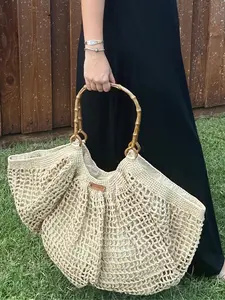 Handmade Raffia Handbag Women's Natural Woven Design with Bamboo Handles Fashion Accessory for Everyday Use Eco-Friendly Sustainable Style