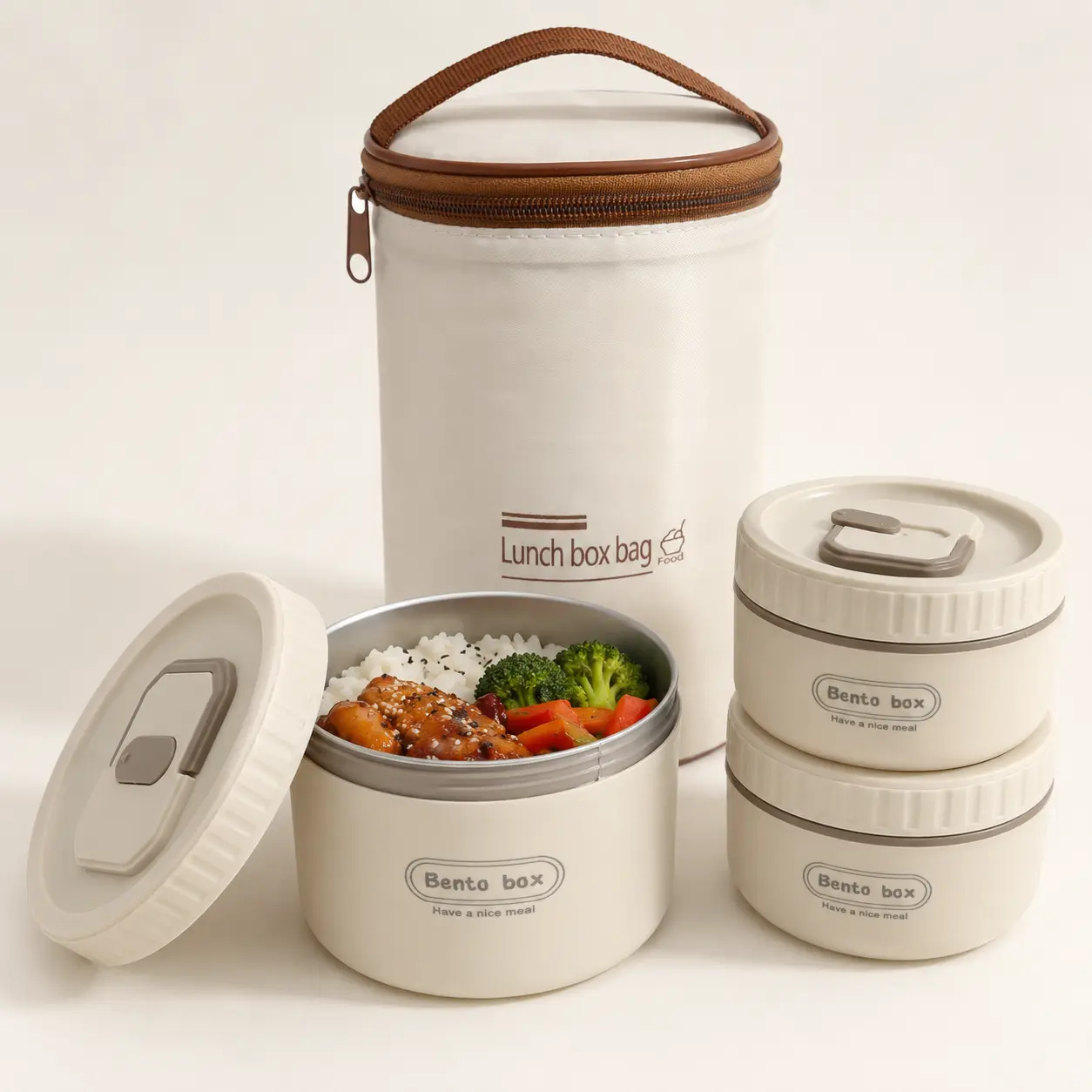SUS304 Stainless Steel Bento Lunch Box Set - Insulated Carry Bag, 3 Round Multi-Compartment Containers (1 Large + 2 Small Bowls), Leak-Free Portable Easy-Clean On-the-Go Meal Prep Kit for Adults, Office, Leak-Free Lunch Boxes