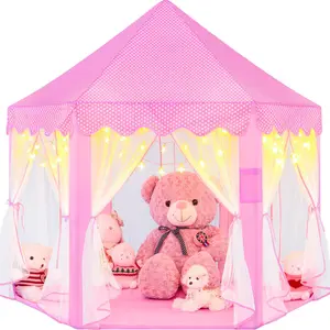 EFFUN Princess Tent Valentines Day Gifts, 55"x53" Kids Play Tent with Star Lights & Plush Clips Indoor Castle Playhouse with Upgraded PVC Connectors Pink Perfect Gift Halloween
