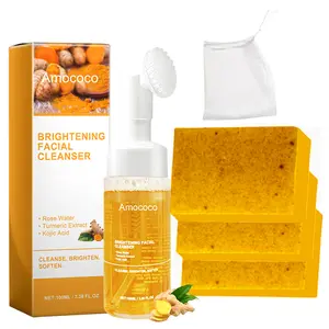 Amococo Turmeric Cleansing Care Set - Two Piece Includes Mousse & Soap with Rose Water Turmeric Extract Kojic Acid for Brightening Softening Skin