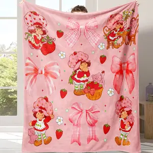 Ultra-Soft Flannel Blanket with Strawberry & Girl Cartoon Design, Cozy Throw for Bedroom Sofa Travel, Perfect Gift for Family Friends Applies to Super soft decorative sofa/sofa/bedroom Cartoon Blanket A suitable gift for friends and children