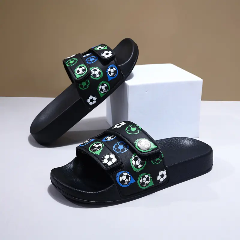 1 pair of boys' slippers with fashionable football patterns, anti slip and odor proof, suitable for home and outdoor wear, casual sports, Velcro, and a straight drag