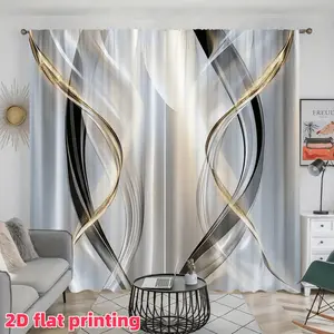 2D Flat 2Pcs Abstract Gold Silver White Black Waves Pattern Curtains, Rod Pocket Style Window Drapes, Semi-Sunshade Polyester Fiber, Suitable For Home Living Room Bedroom Balcony Kitchen Study And Shower Decoration, Access, Sheer Printed Ombre Curtains