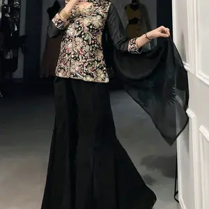 Black Size L/40 Sharara with Kurta in Georgette Sequin Embroidery Bollywood Style Women's Fashionable Ensemble Georgette Fabric Sequins Thread Embroidery Top Bottom Dupatta