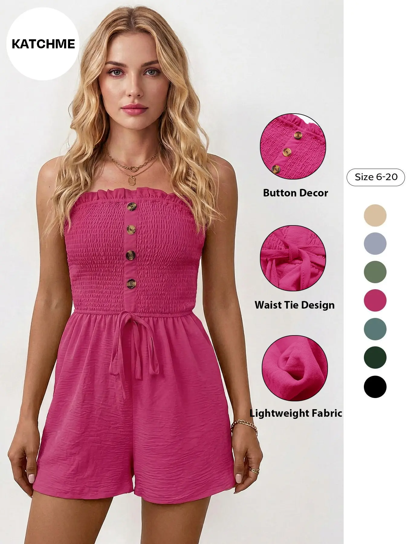 Women's Feminine Casual Ruffled Ruched Loose Button Half-Zip Lightweight Romper, Chic Minimalist Shoulder-Exposed Sleeveless Dress, Comfortable Home Wear