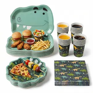 Dinosaur Party Supplies Set for 16Guests, 56PCS Disposable Plates Cups Napkins Jurassic Kids Birthday Party Decorations
