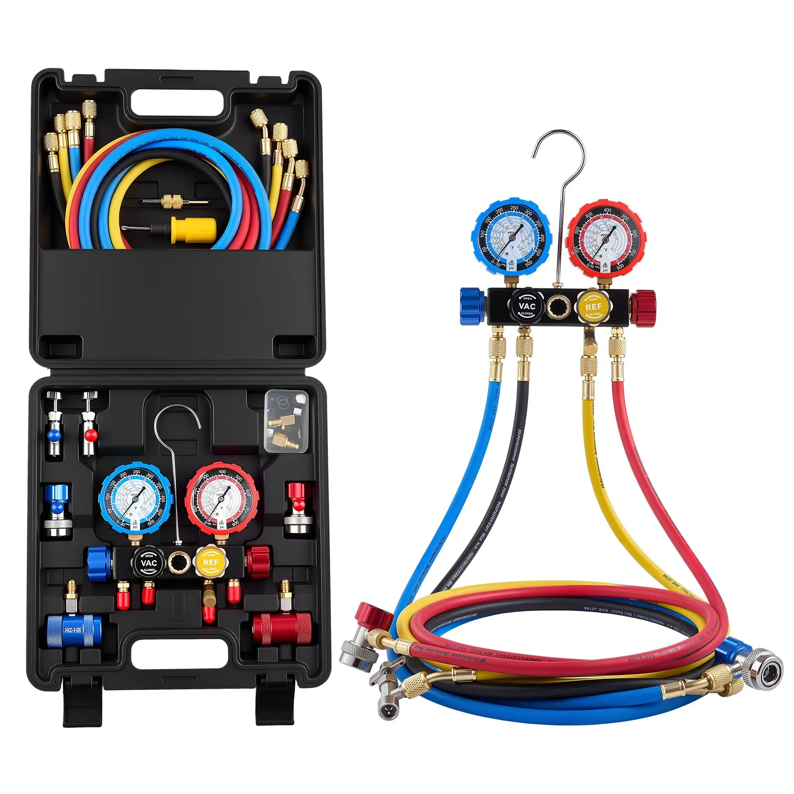 VEVOR AC Manifold Gauge Set for R134a R404A R1234yf R22 Refrigerant, 4 Way AC Gauge with 5 ft Hoses, Adapters, Quick Couplers, Can Taps for Automotive Air Conditioning Maintenance, Charging Evacuation Tools Toolkit