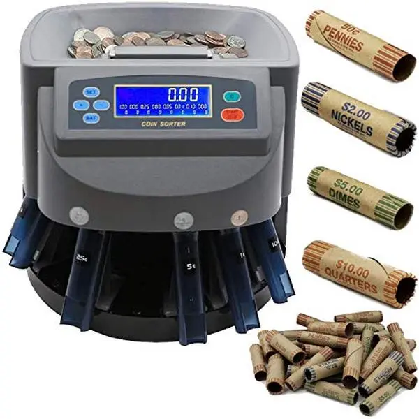 Coin Sorter Machine - Electronic USD Counter with LCD Display, Hopper Holds 500, 270 Per Minute, Plastic Chute, Pre-Set Modes, Sorts into Wrappers/Bins, Coin Wrapper Tubes Included