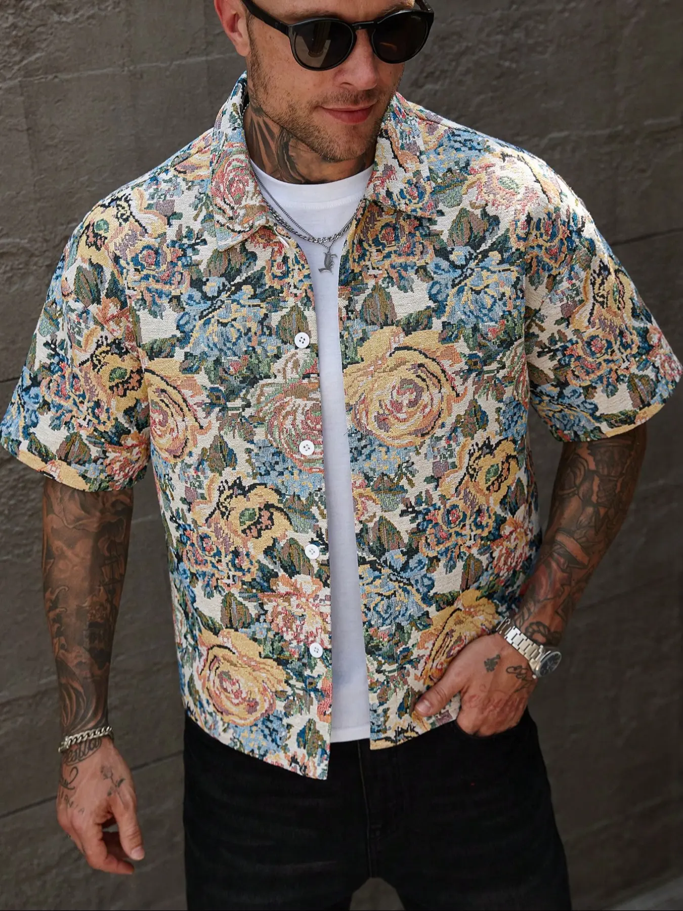 Men's Woven Fabric Floral Casual Stylish Clothing Comfy Collared Shirt, Spring & Fall Fitted Design, Perfect for Daily Wear, Street Style, Streetwear, Home Outing, Holidays, Menswear, Classic