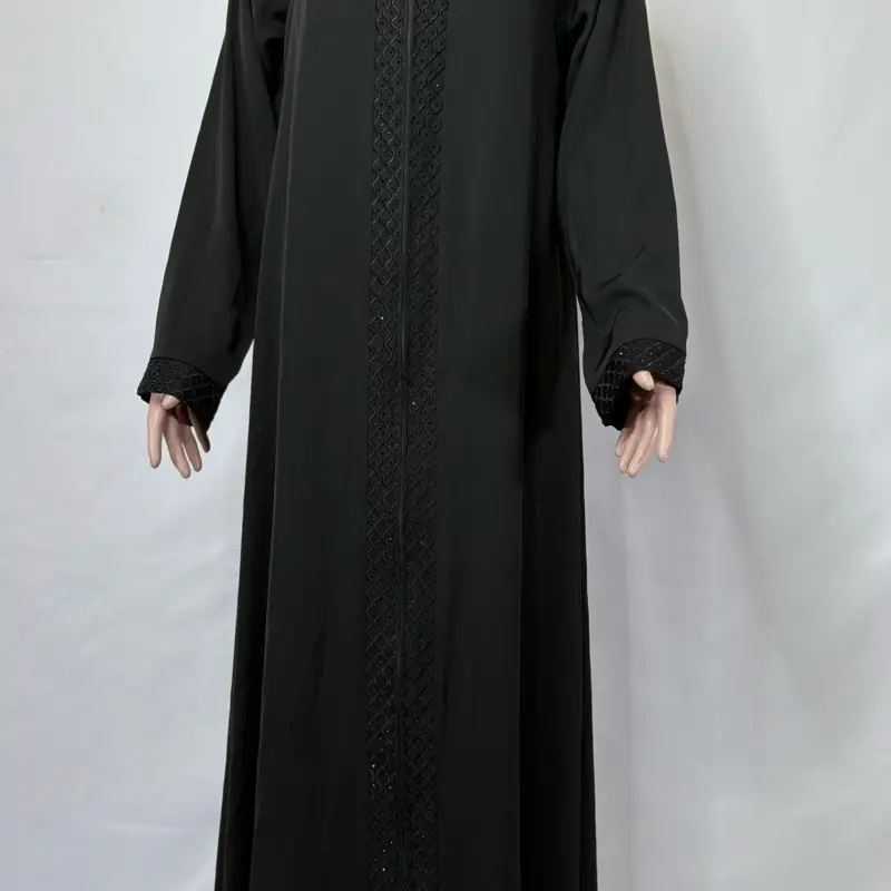 Black on Black Rhinestoned Zippered Abaya with Elegant Design and Zipper Feature