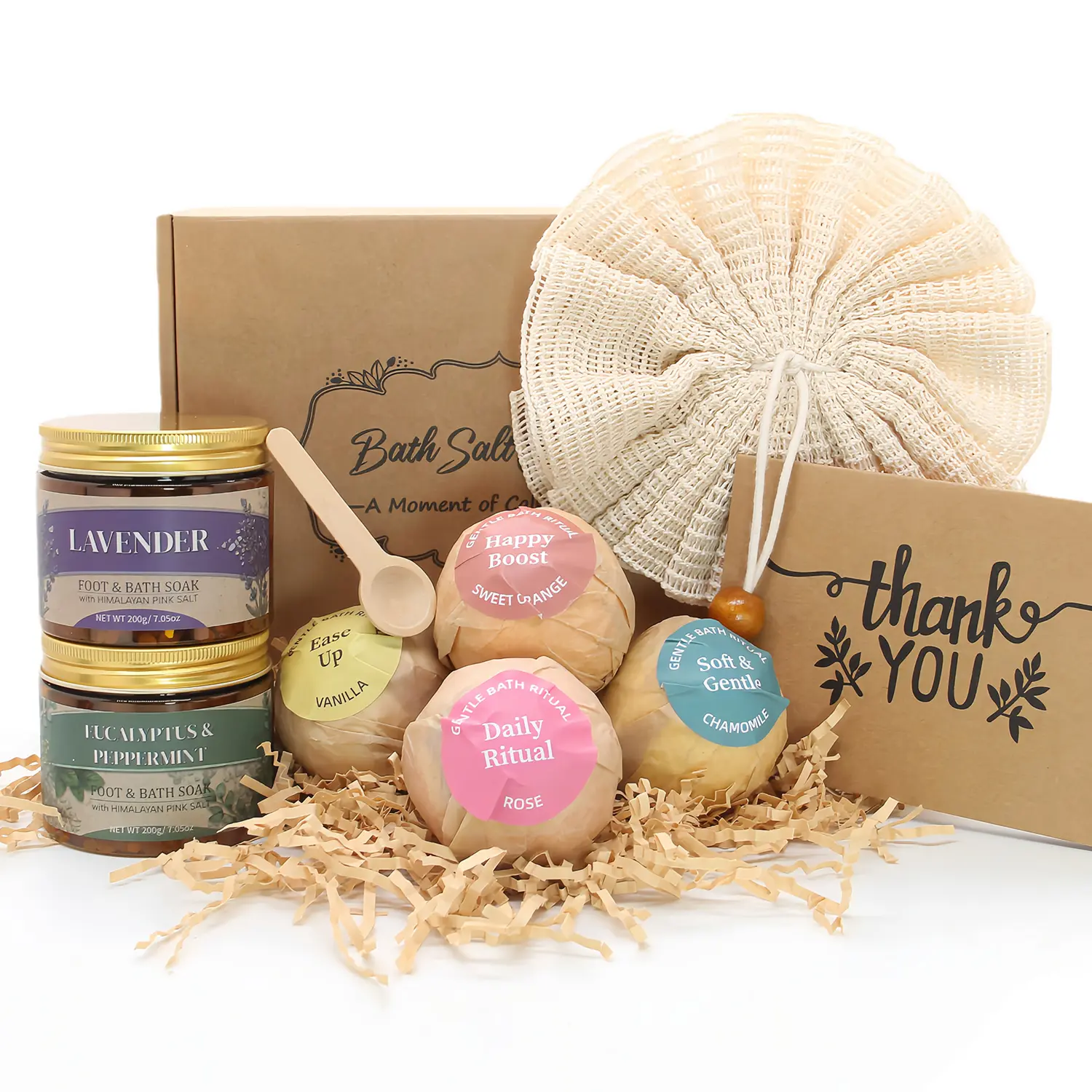 Bath and Body Gift Set for Women, 8-Piece Spa Self Care Kit with 4 Bath Bombs, 2 Himalayan Pink Salt Foot and Bath Soaks, Loofah and Wooden Scoop, Birthday Christmas Gifts for Mom Wife Girlfriend