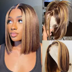 gk 4-27 Ombre Highlight 12in Straight Human Hair Bob Wig, 13x4 HD Lace Frontal, 180% Density, Pre-Plucked, Glueless Straight Wig for Black Women, Black Woman Wigs, Bob Length,summervibes