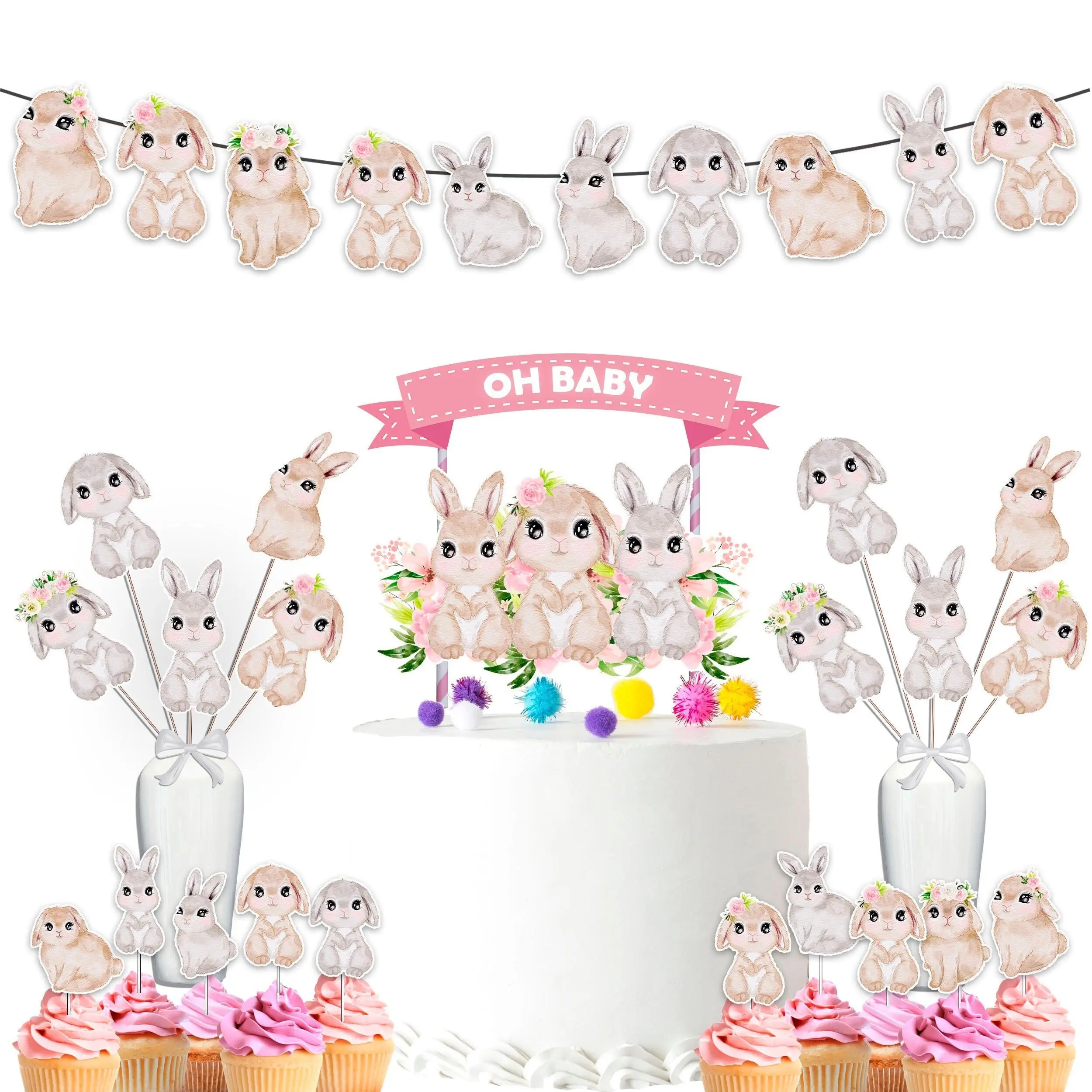 Sweet Pastel Bunny Party Decor Set - Soft Cake Topper, Cupcake Toppers, Centerpieces & Banner - Hop into a Serene Celebration