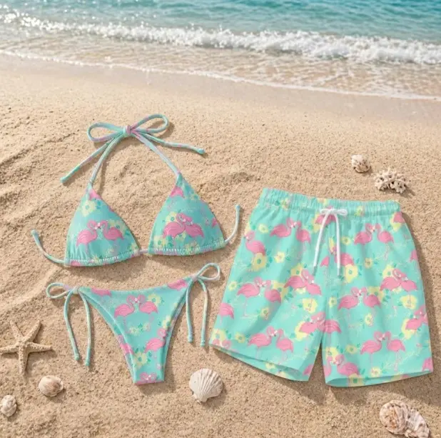Couple Flamingo Swimsuit Set, Matching Bikini and Swim Trunks, Tropical Beachwear for Him and Her, Summer Vacation Outfit
