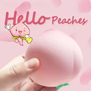 A peach-shaped squeeze toy that relieves stress; soft to the touch and slowly bounces back.