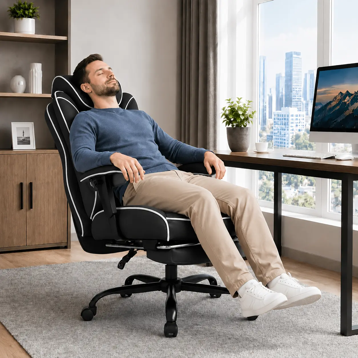 Big and Tall 400lbs Weight Capacity High-Back Leather Office Executive Chair with Ergonomic Lumbar Support, Pocket Spring Cushion for Lower Back Pain Relief, Footrest