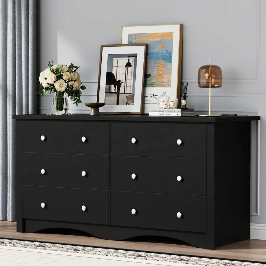 Furniwell Dresser With Power Outlet, 6 Drawers Dresser For Bedroom, Modern Chest Of Drawers, Wooden Dressers, TV Stand For Living Room,Closet, Hallway