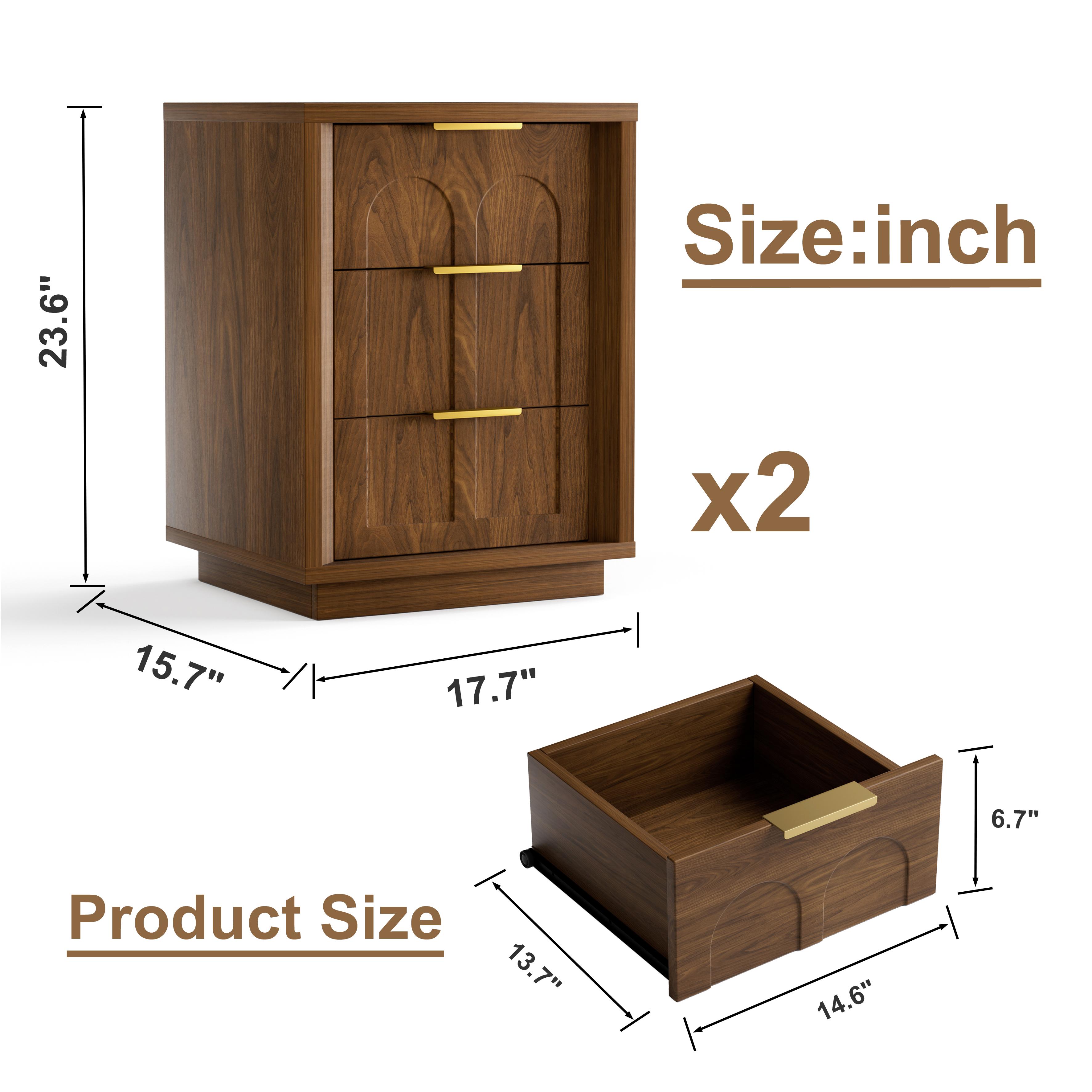 2-Pack Retro Nightstands, Mid-Century Modern 3-Drawer Bedside Tables with Gold Handles, Walnut Charger Station Cabinet, Sturdy Base Wood-Metal Indoor Bedroom Furniture 2-piece set