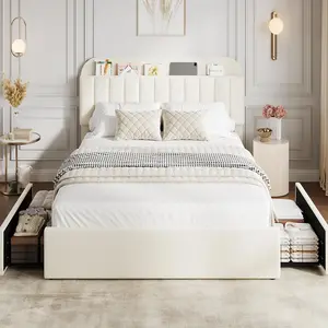 Storage Bed Frame with Headboard and Drawers, Upholstered Platform Bed, Sturdy Metal Frame with Wood Slats, Modern Boucle Fabric Bed, Easy Assembly, No Box Spring Needed