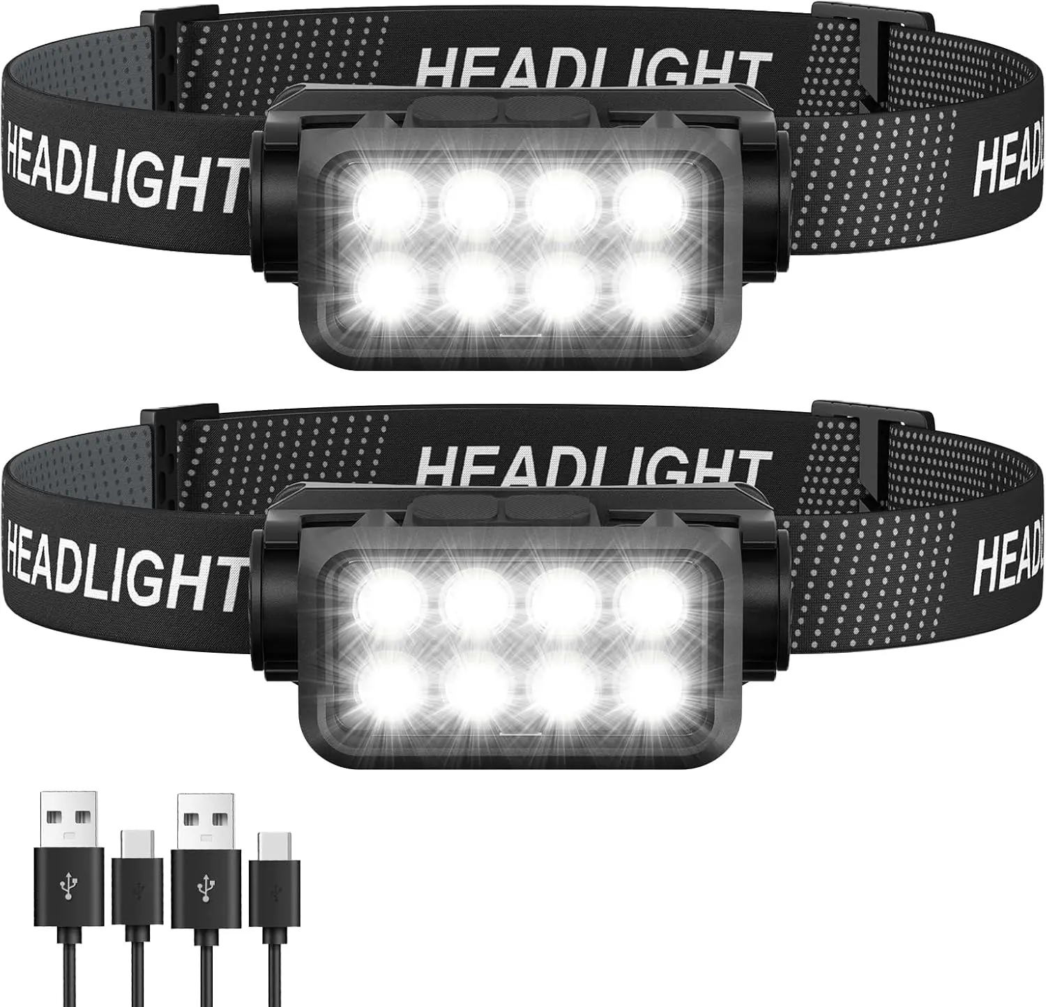 LED Headlamp Rechargeable,1/2 Pack 2500 Lumen Super Bright Head Lamp,8 LED, 5 Modes, Lightweight Head Flashlight, Waterproof Head Lights for Forehead Adults Camping Hiking Working