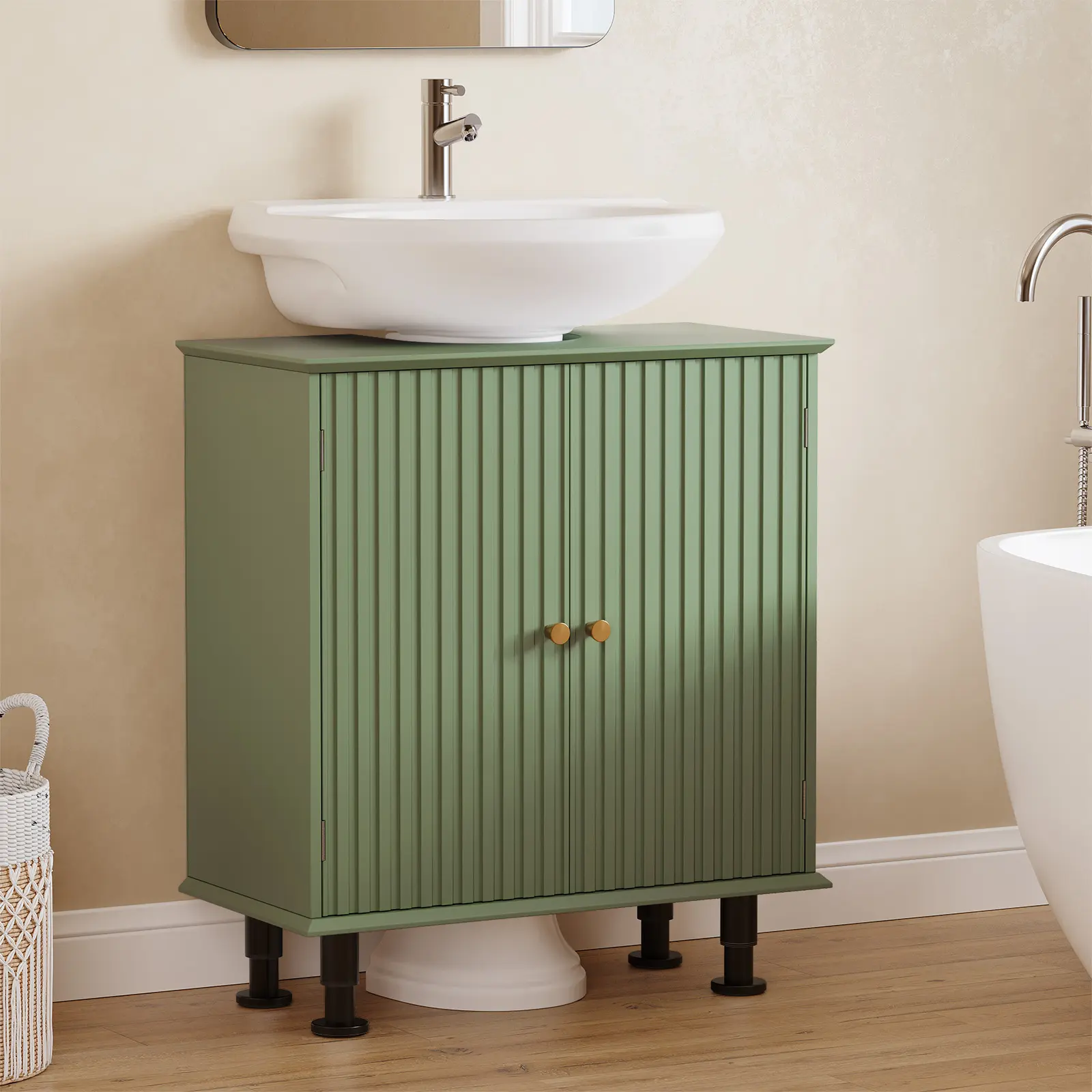 24 " Pedestal Bathroom Vanity Cabinet with Adjustable Legs, Under Sink Bathroom Cabinet with U-Shape Cut-Out, 2 Doors Bathroom Vanity, Storage Organizer for Pedestal Sink