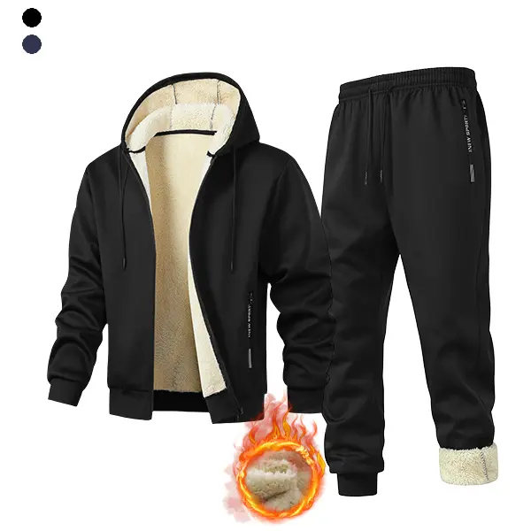 Men’s fleece-lined tracksuit set featuring a hoodie jacket and running sweatpants, with zippered pockets; comfortable and warm, available in multiple colors.