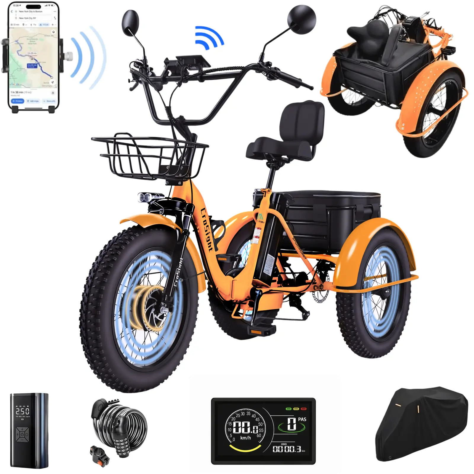 CroSight T3 Folding Electric Tricycle for Adults, Peak 1700W 48V, 20x4 Fat Tires, Step-Through, 20Ah Removable Battery, UL 2849, EBike