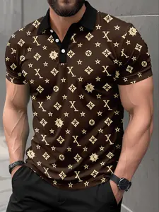 Men's 3D Luxurious Full Print Gold Vintage Logo Polo Shirt, Casual Fashion Street Style Daily Wear, Lightweight Comfortable Fit Polo Tees, Fitted