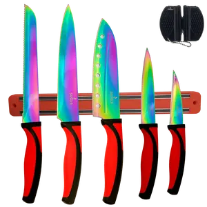 Kitchen Knife Set Kit | Red Handles | Red Magnetic Rack & sharpener