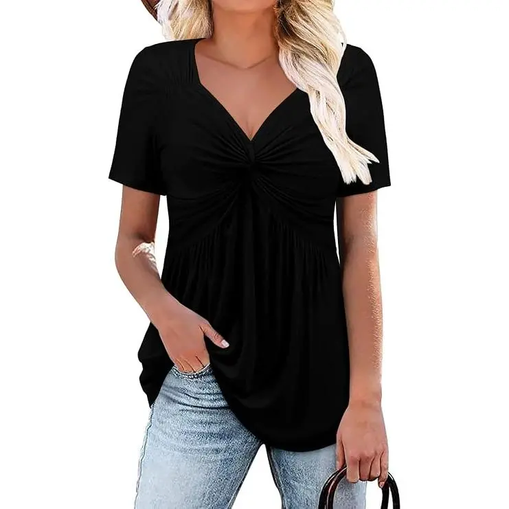 Womens V Neck Shirts Short Sleeve Tops Front Knotted T Shirt Casual Solid&Floral Tunic Summer Henley Tees Blouse