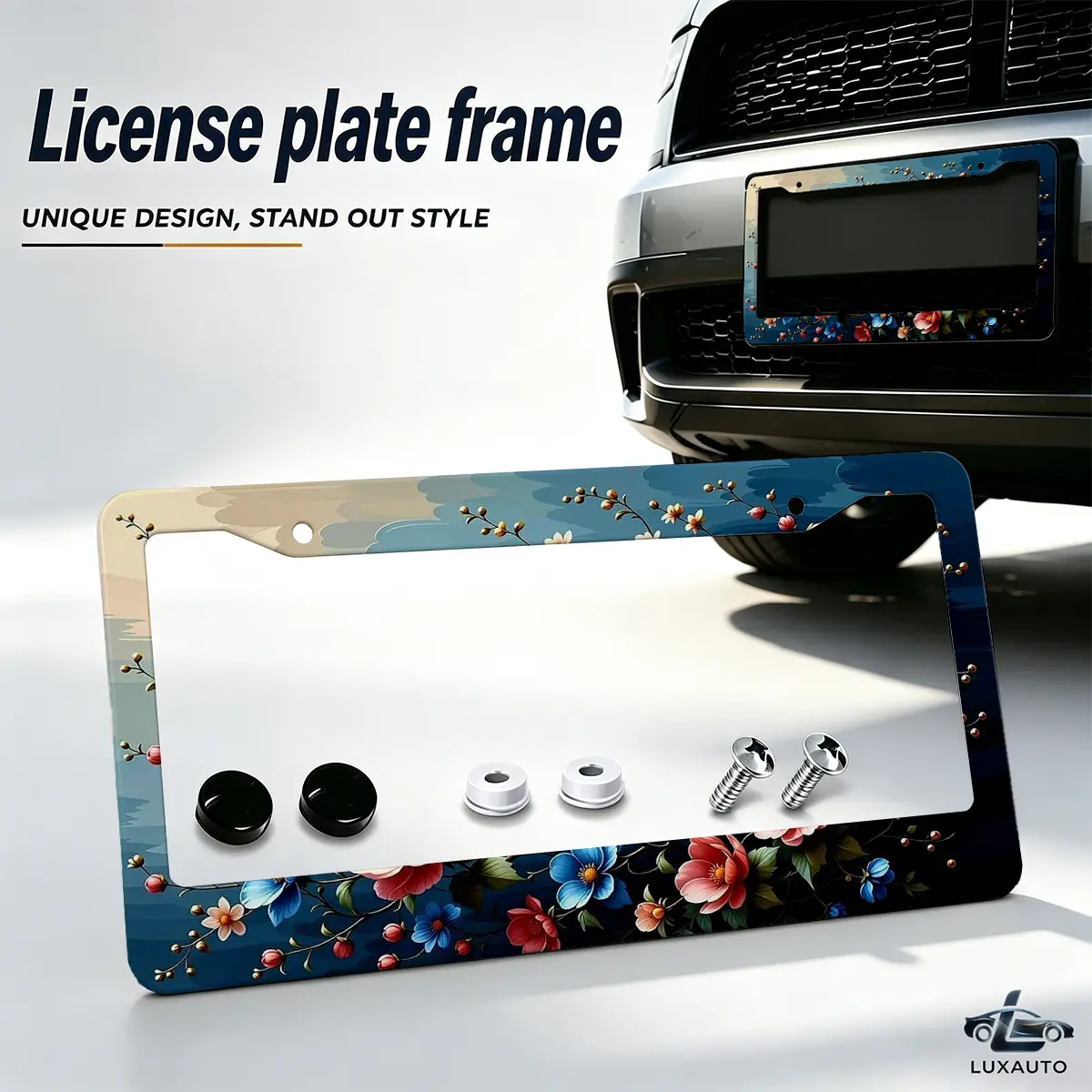 Artistic Floral Landscape Aluminum License Plate Frame with License Plate Cover, Screws & Caps, Universal 12.2x6.3 Inch Automotive Exterior Accessory
