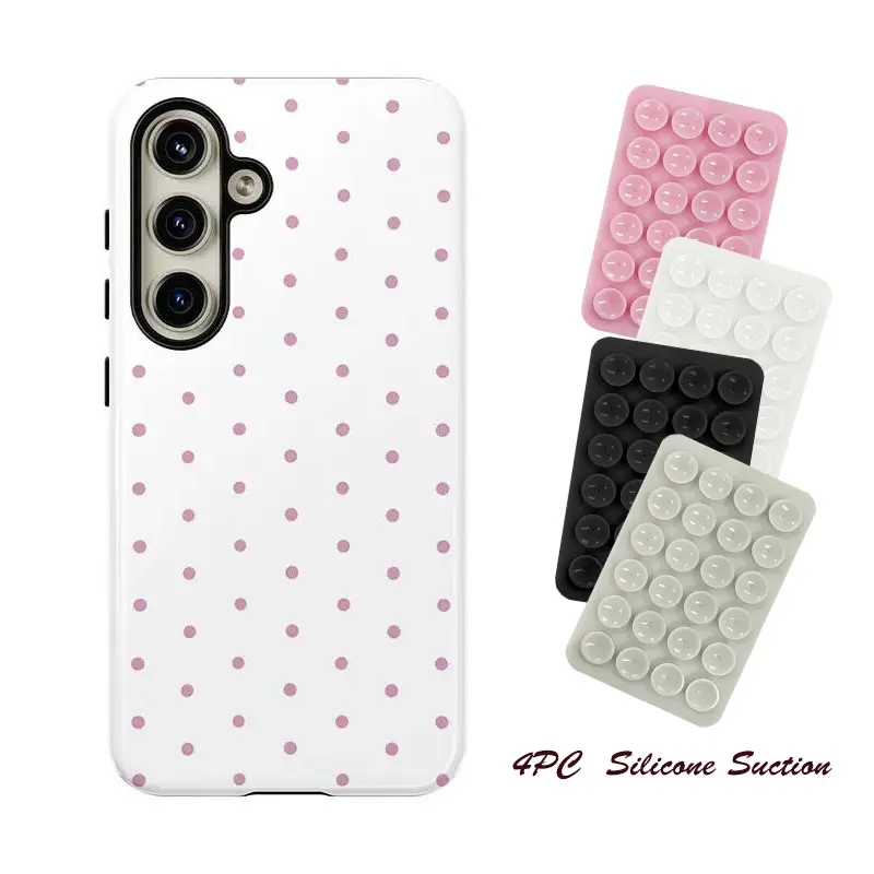 Aesthetic 4PC Silicone Suction Cellphone Casing Accessories - Pink Polka Dot Shockproof Rugged Dual Layer Soft TPU Hard Bumper Cover for Samsung S26 S25 S25edge S24 S23 S22 NOTE20 Ultra A71 A56 A36 Plus FE A06 A15 A16 A25 A26 A34 A53 A54 A55 Devices, Smar