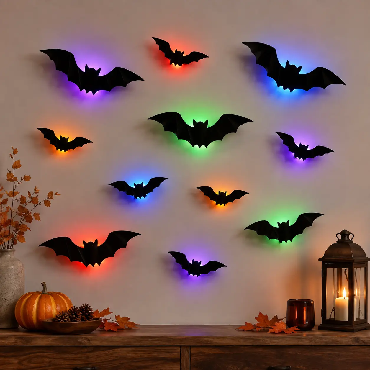 12/36/60Pcs 7-Color Changing Bat LED Night Lights, Battery-Powered Flashing Rainbow Ambient Lamps, Spooky Halloween Wall/Window Decor for Indoor Party Bedroom Festive Ornaments