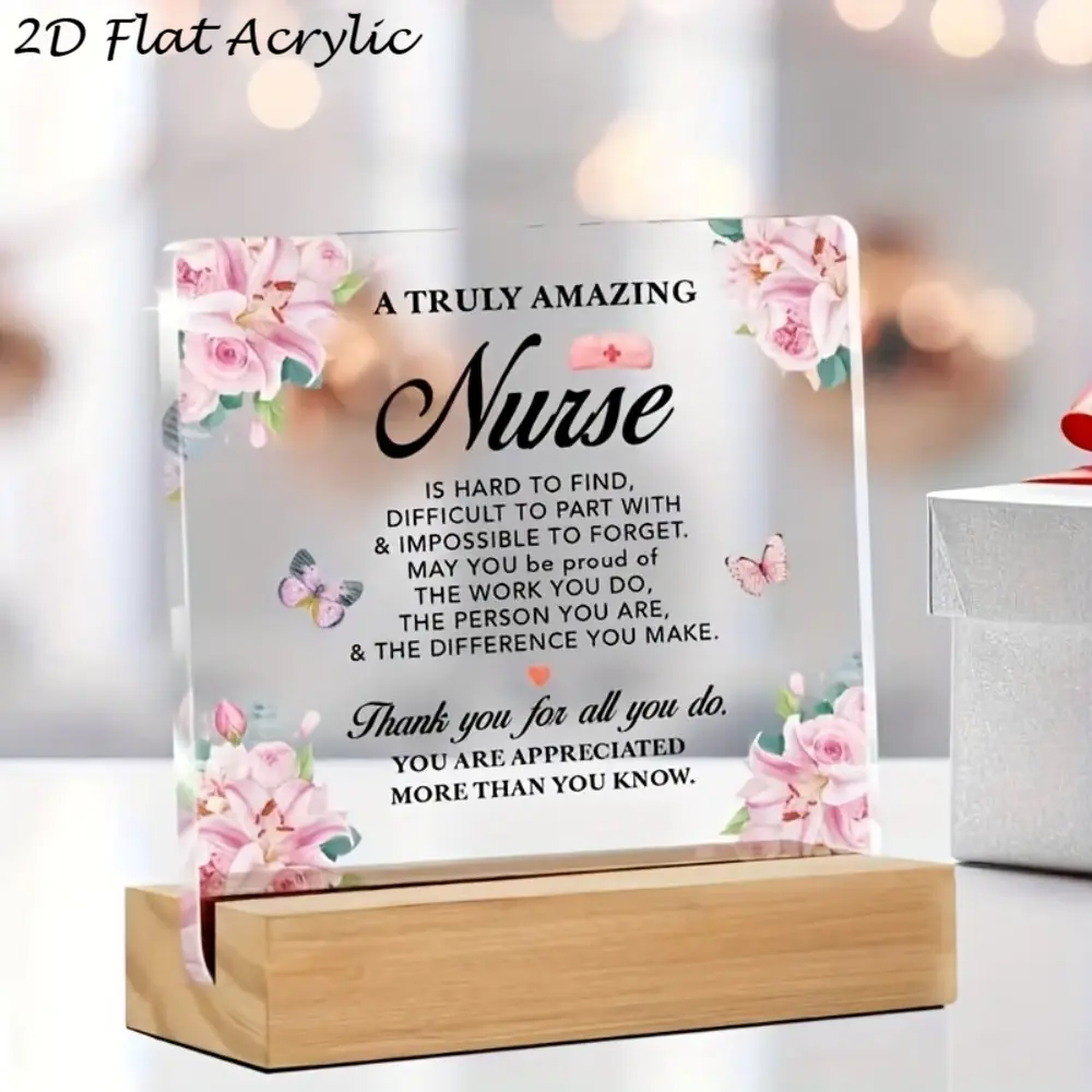 Acrylic Desk Sign with Crisp Look Acrylic Print - 5.12x4.72in Nurse Appreciation Plaque with Wooden Base, 2D Flat Printed Home Decor Gift for Medical Staff, Acrylic Print, Crisp Look