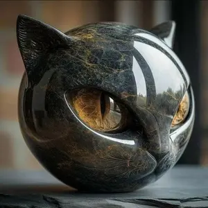 Black Cat Stone Sculpture Figurine – Handcrafted Marble-Look Resin Statue with Amber Eyes, Elegant Shelf Decor for Home or Office