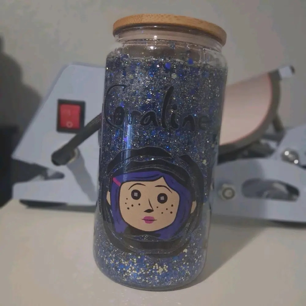 Coraline Glitter Jar with Wooden Lid Featuring Iconic Character Design Perfect for Collectors and Fans
