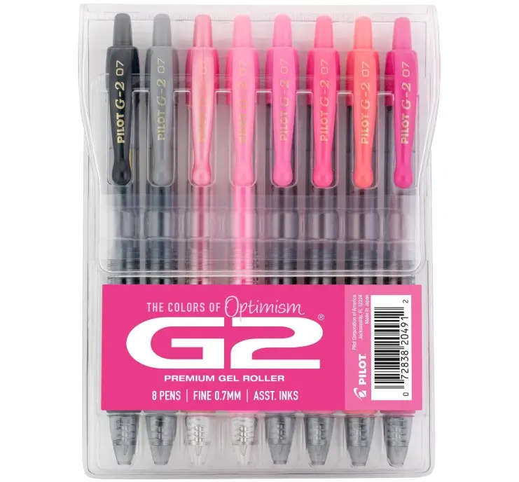 Pilot, G2 Premium Gel Roller Pens, G2 Boost Pink Pack, The Colors of Optimism, 8 Pack Pouch, Fine Point 0.7 mm, Assorted