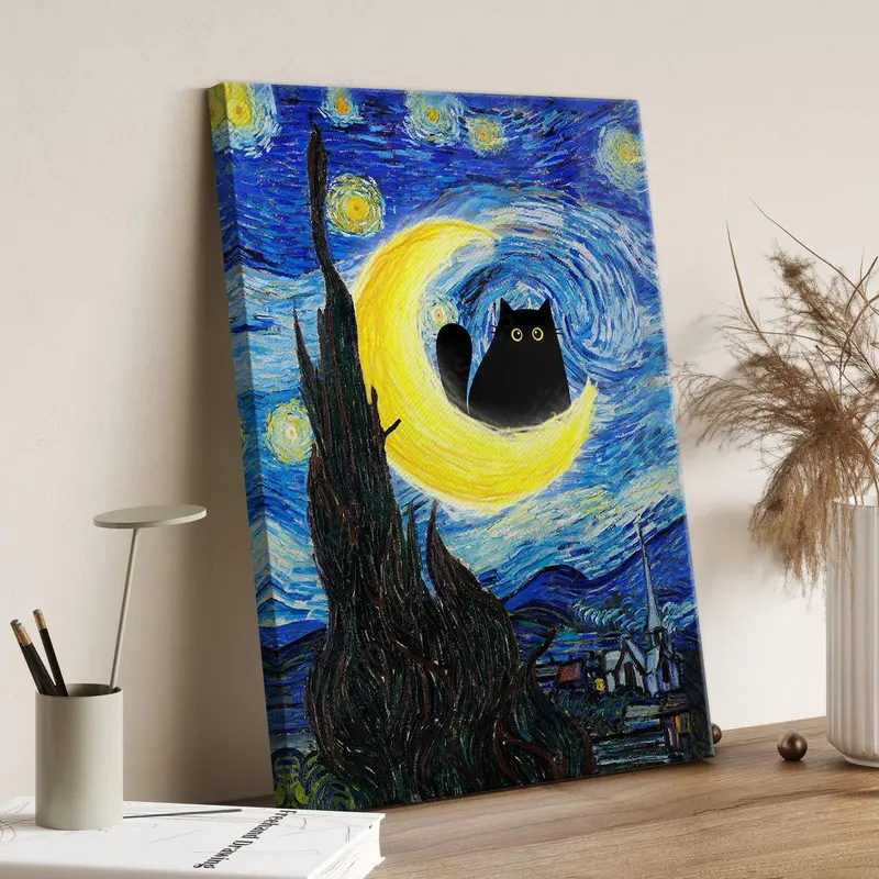 Vincent Van Gogh's The Starry Night Cat Print, Van Gogh Cat Poster, Black Cat Art, Funny Cat print, Funny gift, Home decor Poster