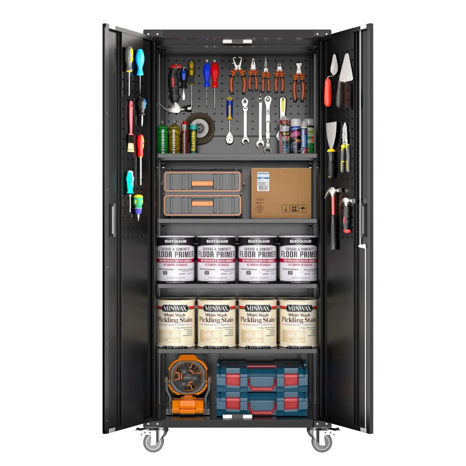 Black Heavy-Duty Steel Garage Storage Cabinet - 72" Tall, Locking Door, Wheels, Pegboard, 4 Adjustable Shelves - Garage Tool Organiser, Metal Tool Organizer - Ideal for Workshop, Home Office