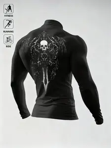 Men's high-elasticity, tailored sports top, Athletic Compression Shirts, skull-and-crossbones print design, snug fit, long sleeves for fitness activities, wind-resistant, breathable, compression sportswear, Sports clothing