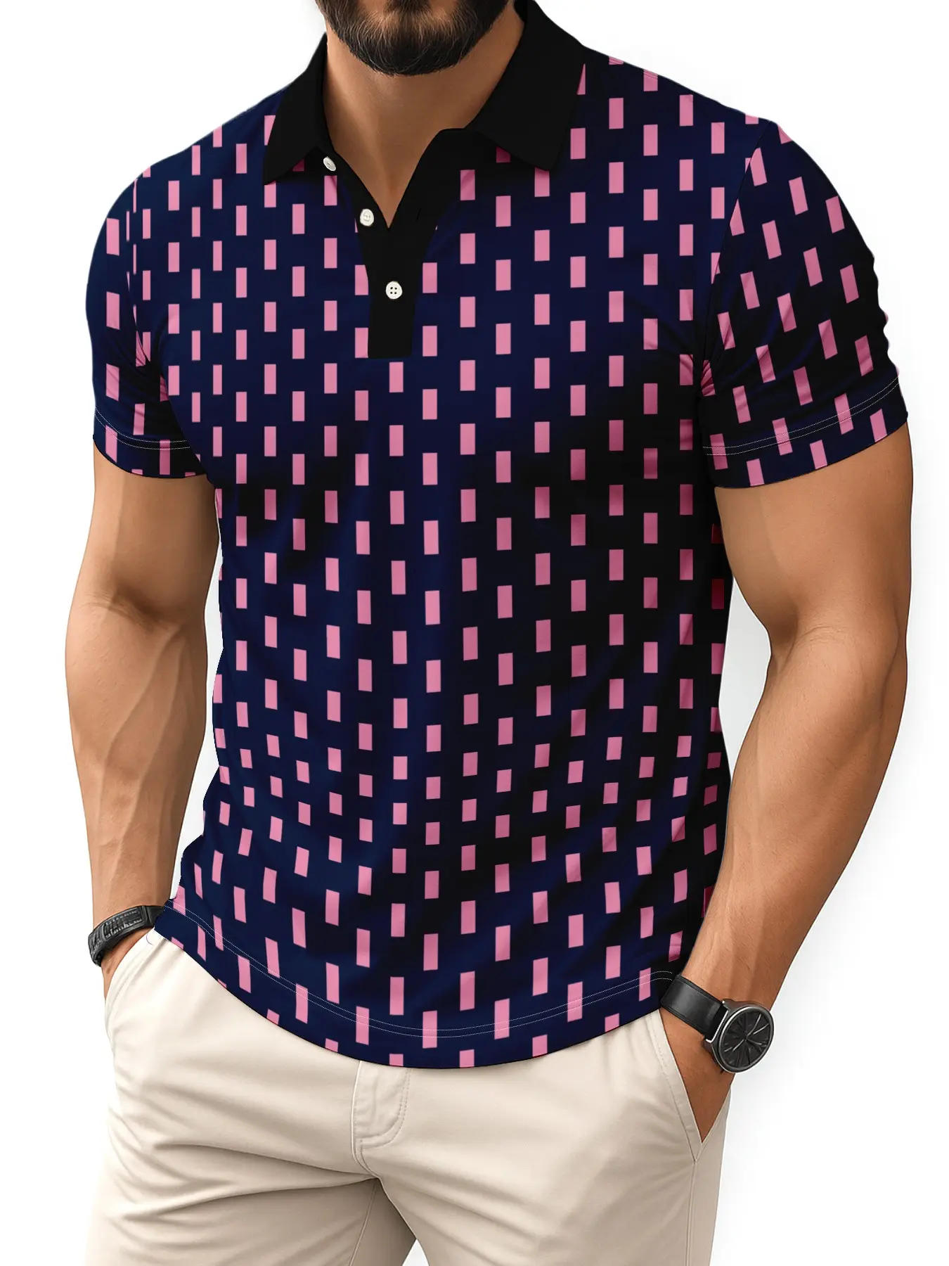 Men's navy blue geometric polo shirt with a modern, trendy and Fitted style, a common light fashion item in summer. The collar features a pure black contrasting design, suitable for daily casual leisure and light business occasions