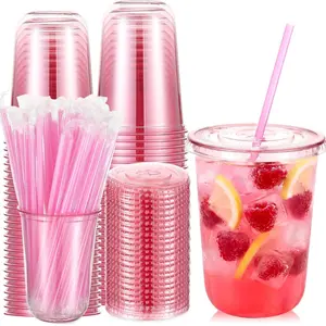 50-Pack 16oz Disposable Drink Cups, Cute Plastic Coffee Cups with Lids and Straws, Leak-Proof, Ideal for Parties, Weddings, Christmas Events