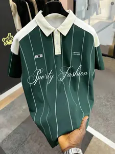 Men's Summer Colorblock Striped Polo Shirt, Slim Fit Casual Golf Shirt, Long Loose-Fitting Fashion Sports Shirt