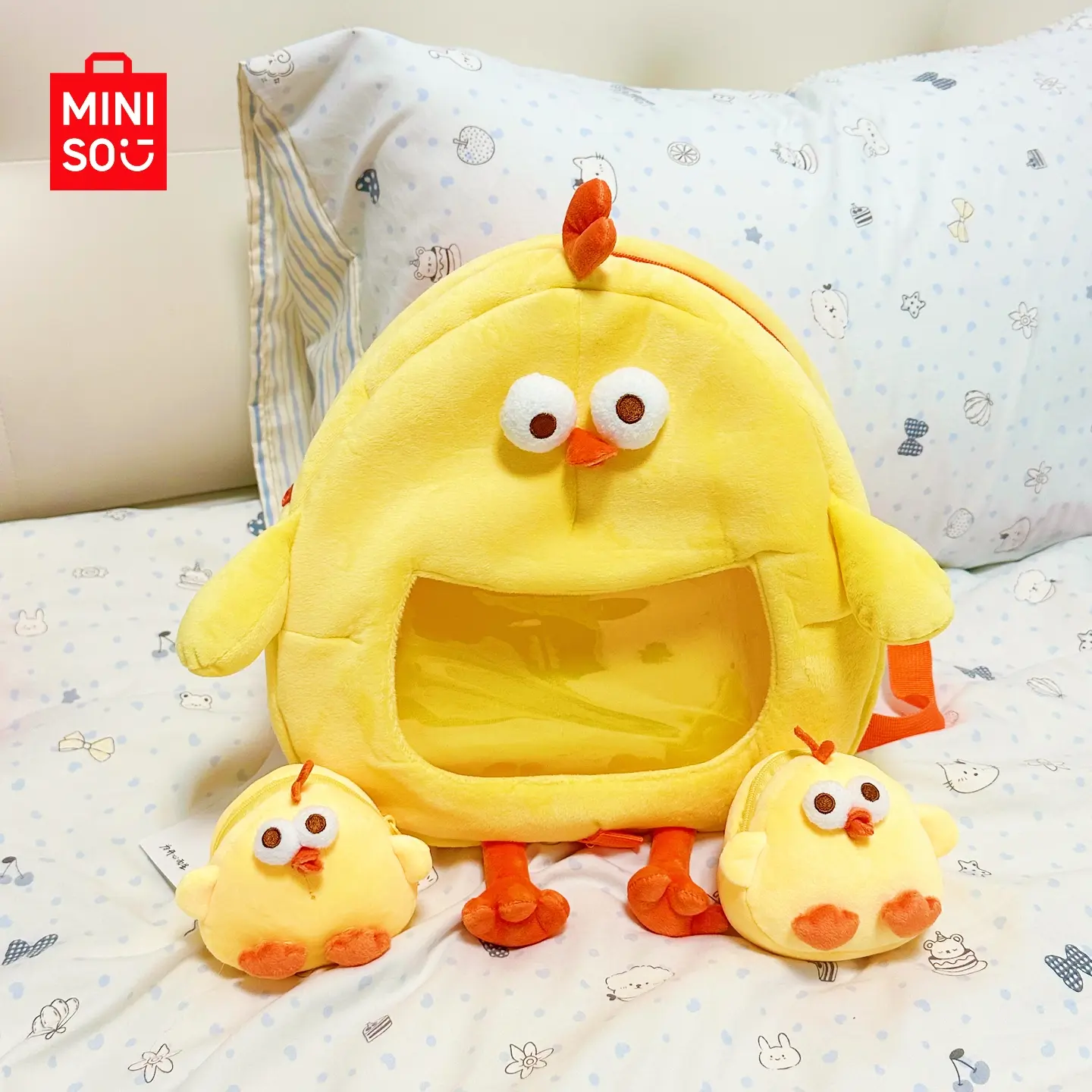 MINISO Dundun Chicken Plush Animal Ita Crossbody Bag with Shoulder Strap & Earbud Case - Cute Kawaii Soft Fabric Functional Bag for Pins, Coins, Everyday Essentials, Chic, Sweet