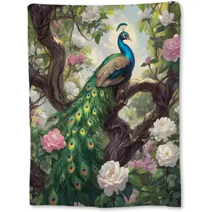 Hand Drawn Peacock Blanket, Soft Lightweight Pretty Peacock Flannel Throw Blanket for Couch, Bed, Travel & Home Decor, Fuzzy Cozy Warm Blankets for Adults Kids Women Men 60×50 in