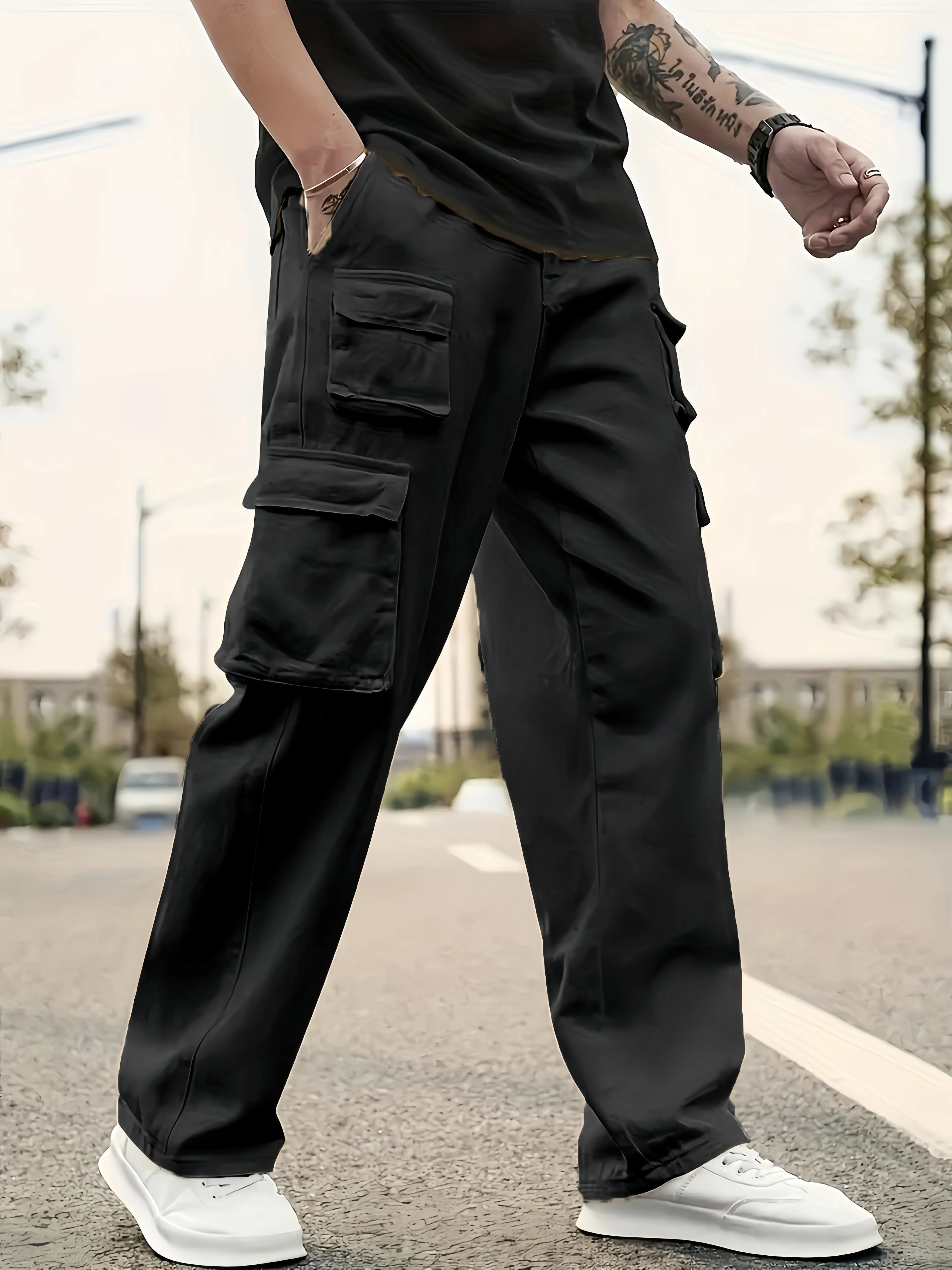 Men's 10-Pocket Cargo Pants 100% Polyester Straight Plain Regular Cut Mid Waist Multifunctional Machine Washable All-Season for Athletic Casual Use